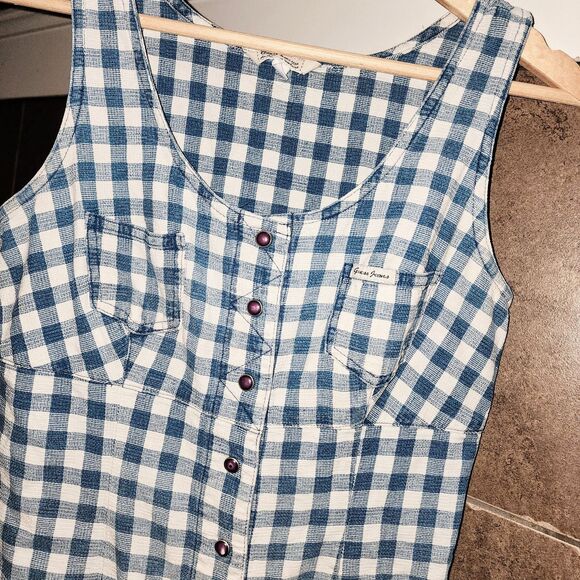 GUESS Sz 5 Vintage Blue White Checkered Snap Front Milkmaid Logo Jumper Dress - Picture 2 of 8